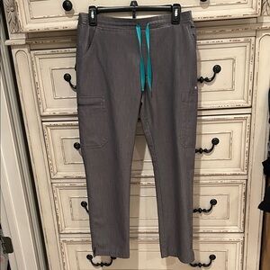 Figs Gray Cargo Pants with Teal Drawstrings